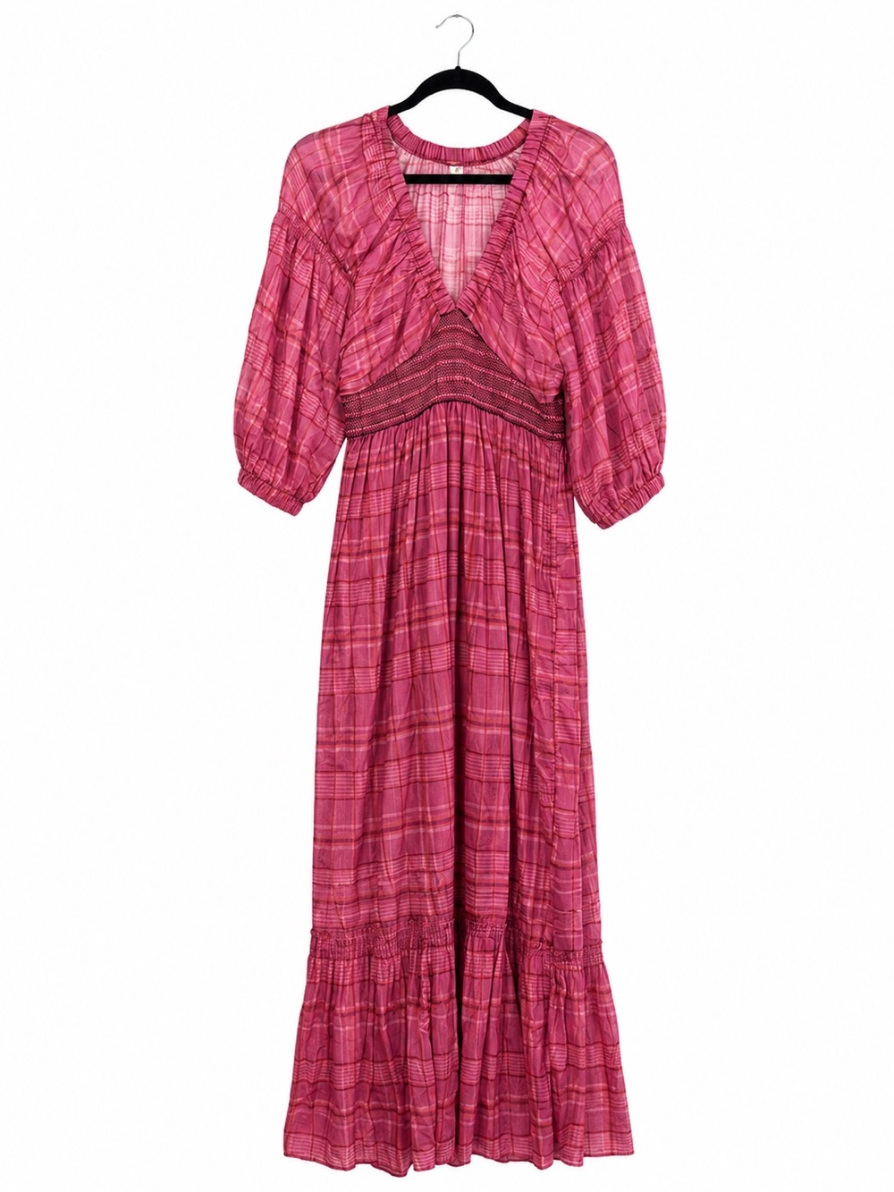 Free People Fuchsia Plaid Maxi Dress with Smocked Waist
